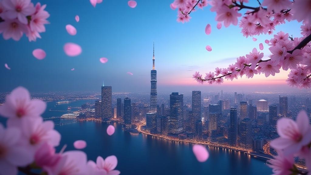 Modern Tokyo skyline with Sakura blossom accents